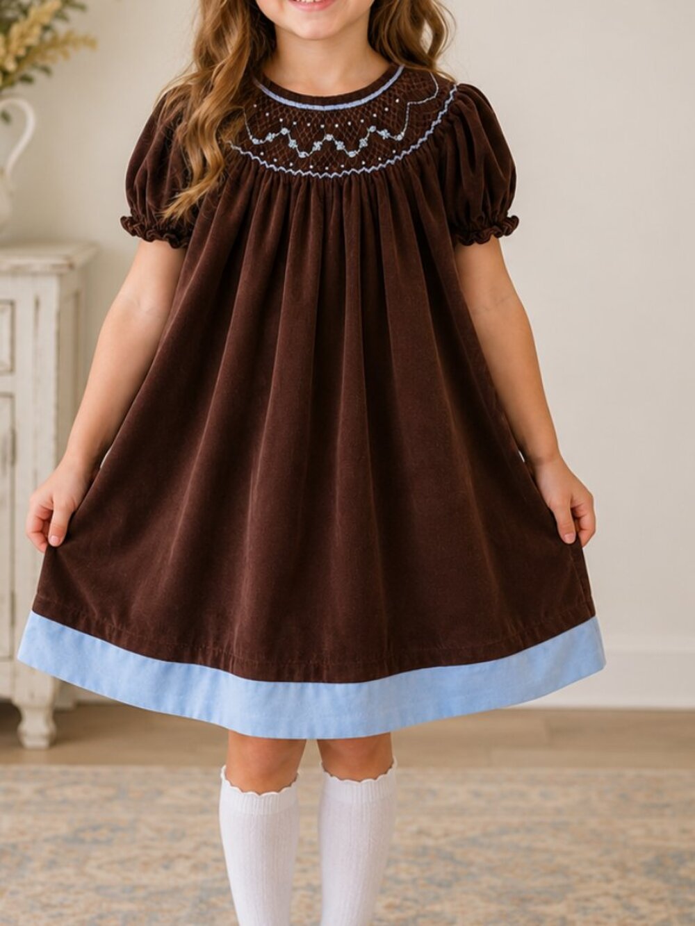 Anavini Girls 6X Brown Corduroy Hand Smocked Heirloom Dress